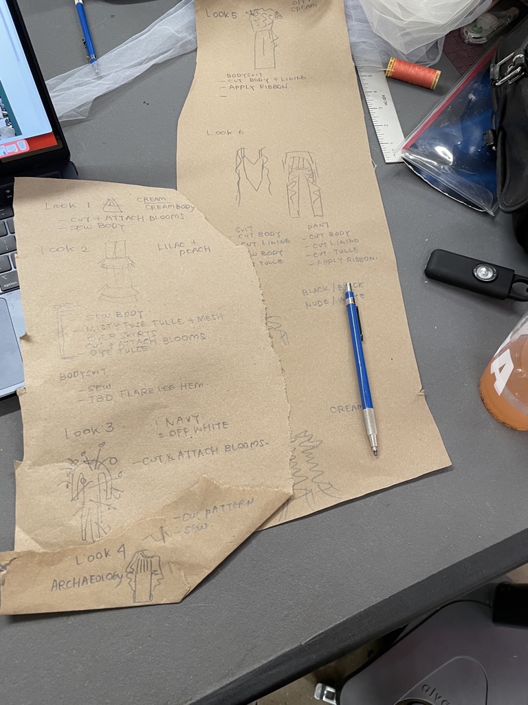 Look development sketches on kraft paper